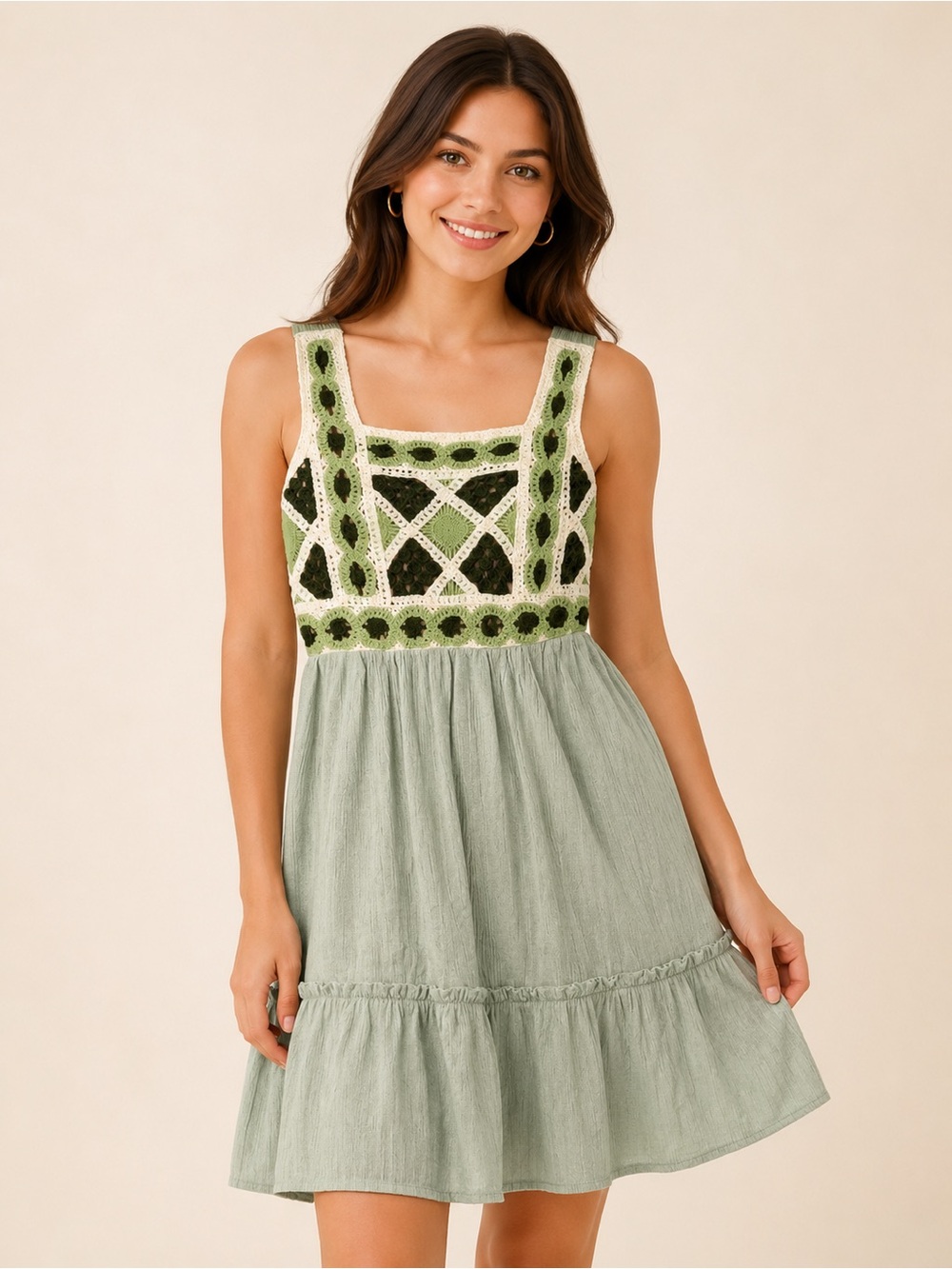 Love Squared Girls Sage Green Crochet Tiered Dress Size 8